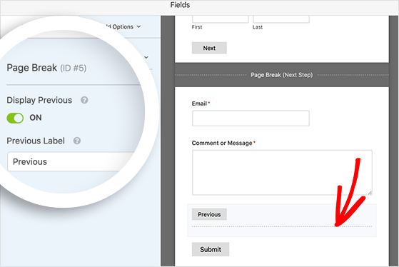 Click the previous page break to customize the previous page title and button label