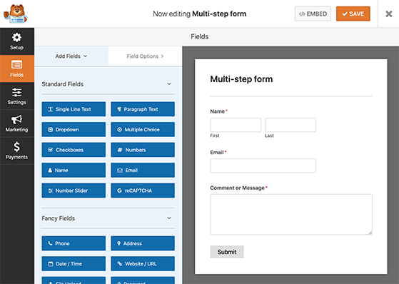 Use the WPForms drag and drop form builder to create multi step form in WordPress