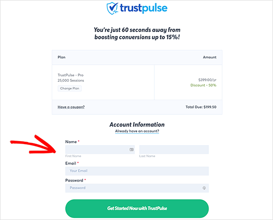 Enter your account details for TrustPulse