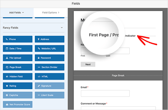 Click the first page break to add a progress bar to your multi-step form