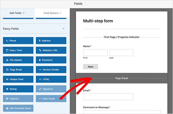 Place the page break where you want to split your form into multiple parts