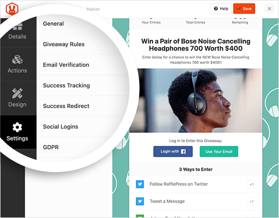 Configure your twitter giveaway settings