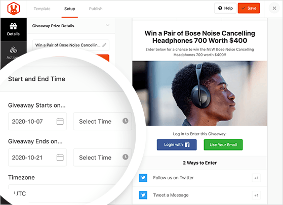 Choose your Twitter giveaway start and end times