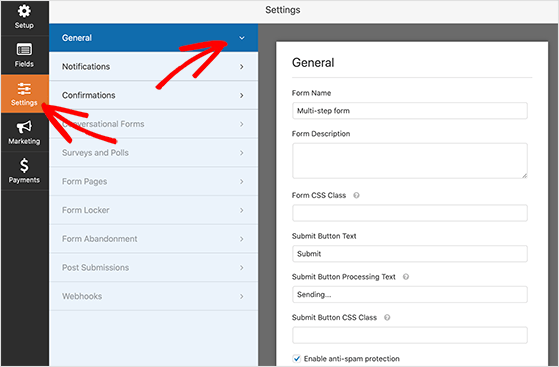 general settings for your multi-step form
