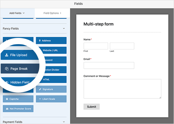 select the page break field to create a multi-step form