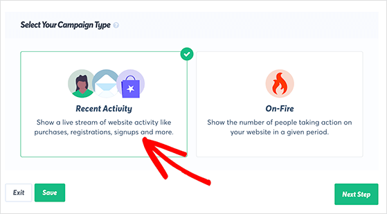 Choose the recent activity campaign type to show a live stream of website activity