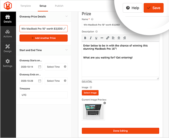 Enter your prize details and click save to store your giveaway settings.