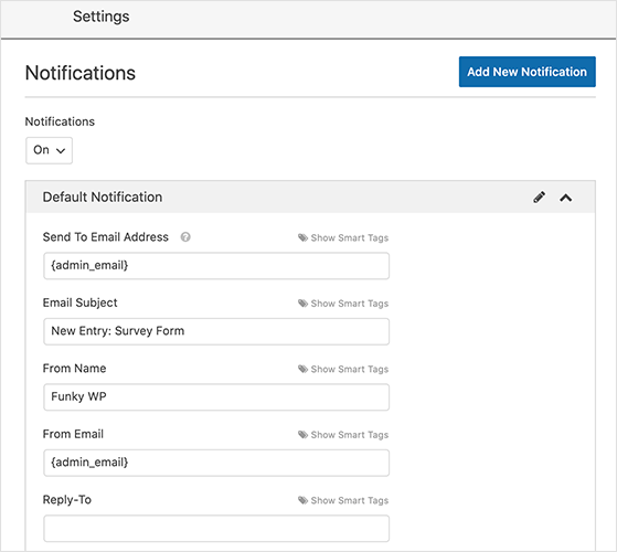 WordPress survey form notification settings