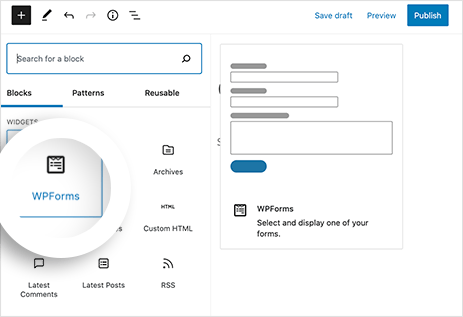 Click the WPForms WordPress block to embed it in your new page