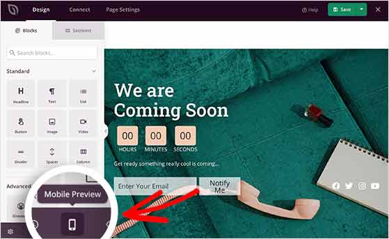 Click the mobile preview to see your coming soon page on different device sizes