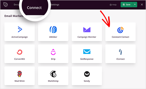 Click connect to view the different email marketing integrations