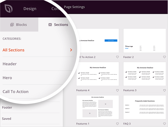 Landing page sections in SeedProd for WordPress