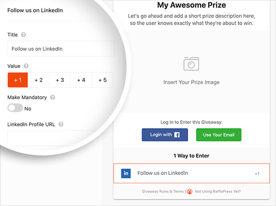 Follow on LinkedIn giveaway action settings