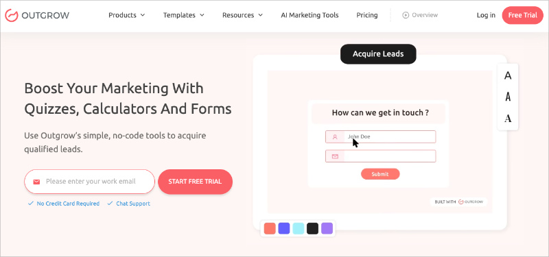 Outgrow contest builder dashboard showing interactive contest types