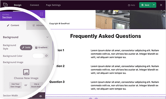 FAQ section content settings and advanced settings