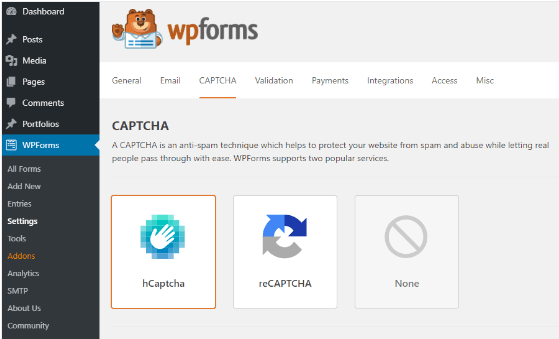 WPForms Captcha options