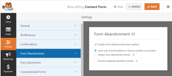 WPForms review: form abandonment view