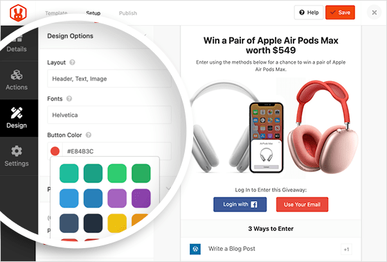 Giveaway widget design options