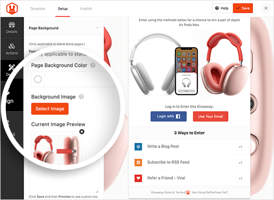Giveaway page background design settings