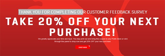 Puma customer feedback survey with 20% discount