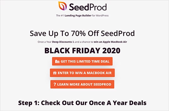 SeedProd black friday landing page with discount