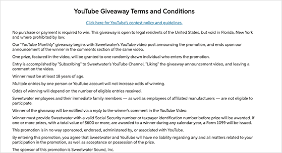 Sweetwater YouTube giveaway rules