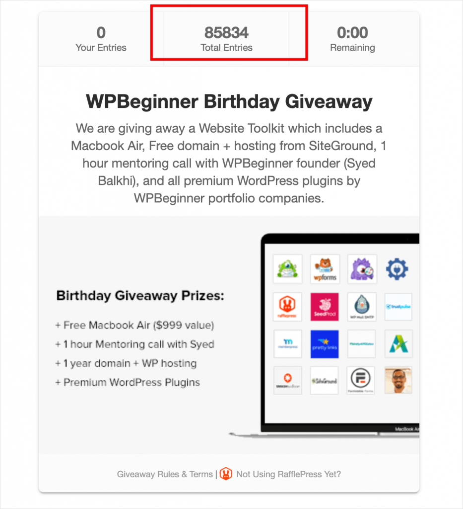 WPBeginner RafflePress birthday giveaway