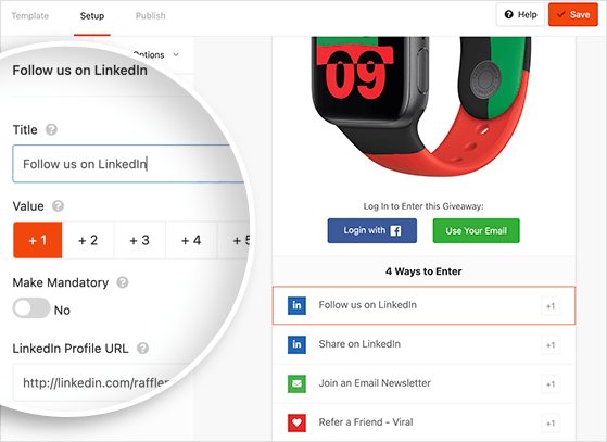 Edit the entry actions for your linkedin contest