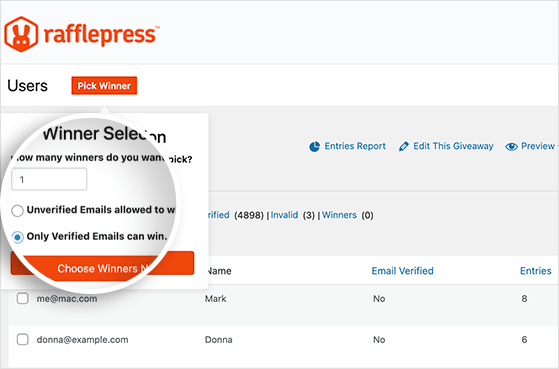 Pick a giveaway winner from participants only with verified email addresses using RafflePress's random winner generator