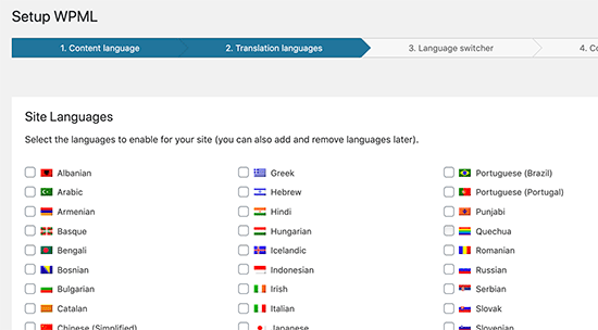 Select translation languages in WPML