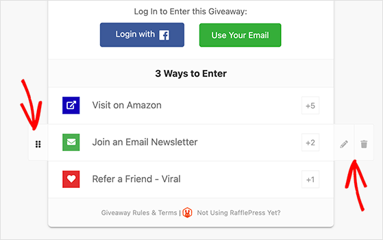 Rearrange giveaway actions in the drag-and-drop giveaway builder