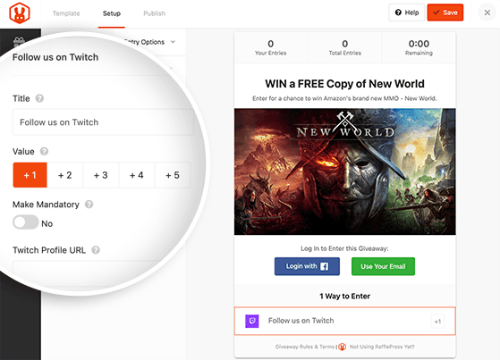 RafflePress follow on Twitch giveaway action