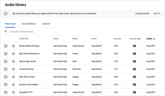 YouTube audio library free music