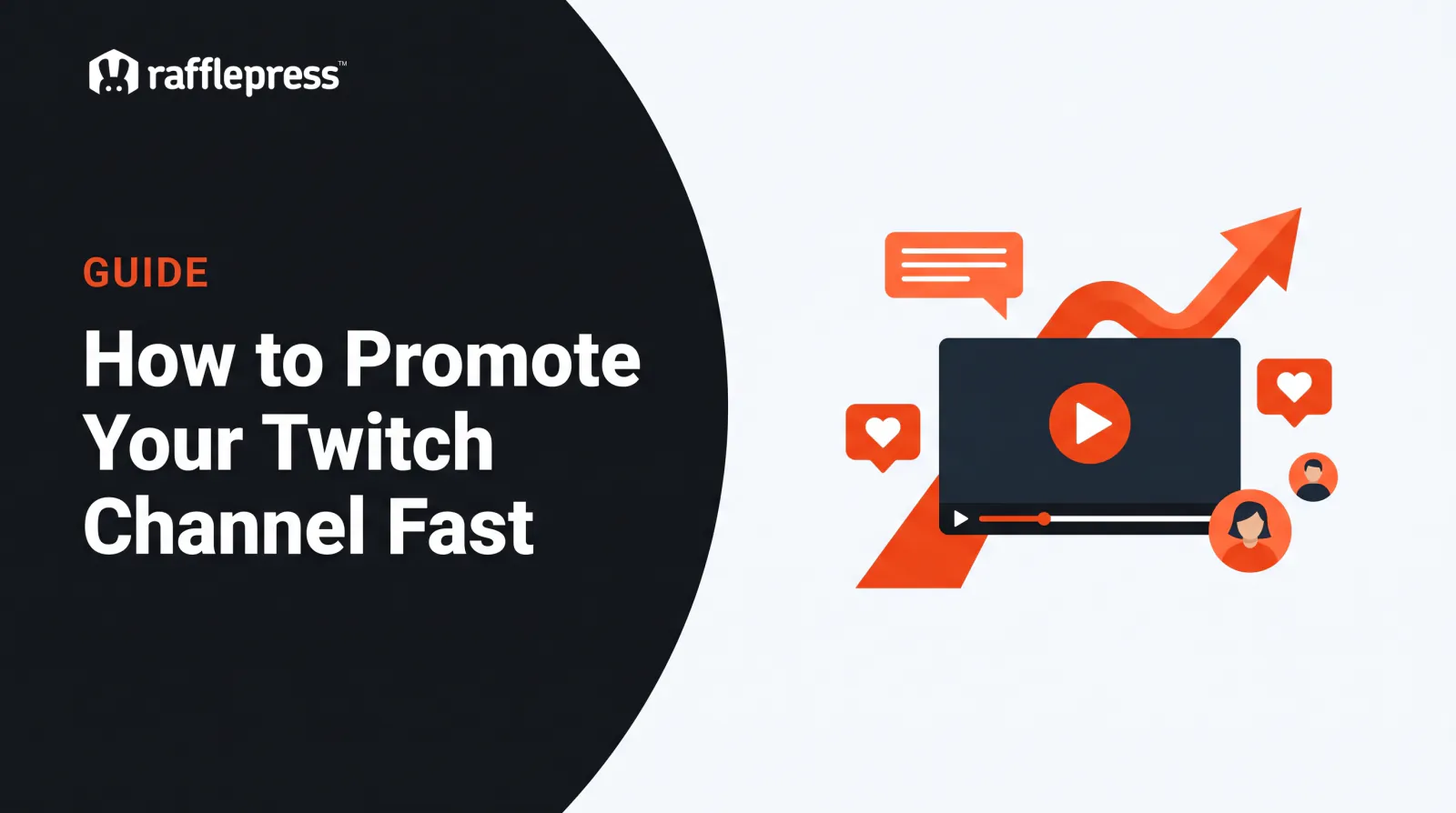 Guide banner for promoting a Twitch channel fast, showing a live stream player with a rising follower growth arrow
