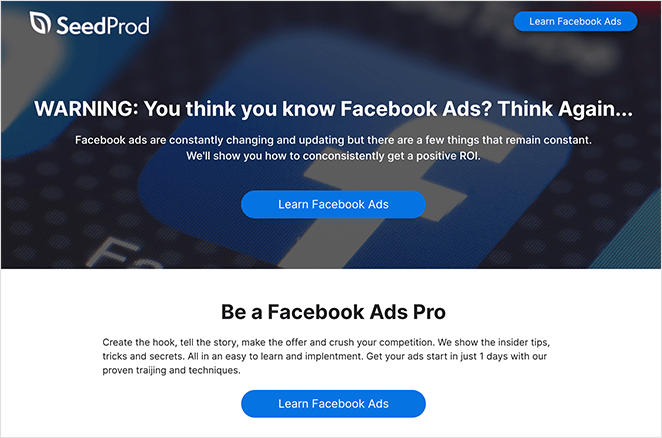 facebook landing page