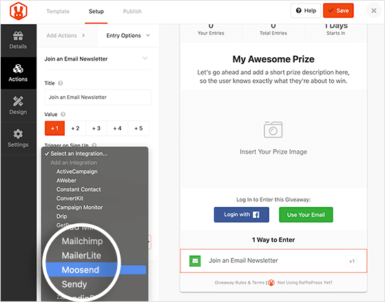 Moosend rafflepress integration