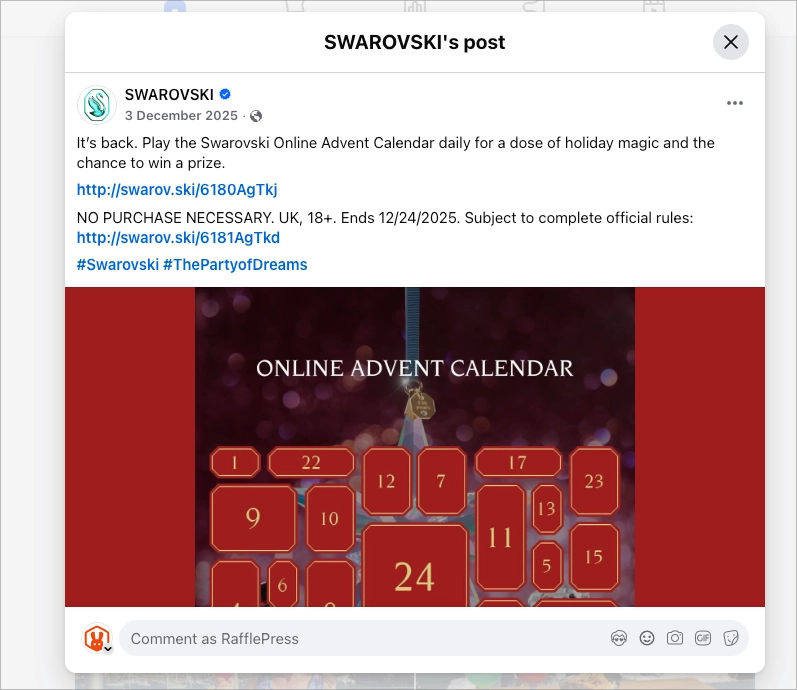 Example of an online advent calendar giveaway by Swarovski