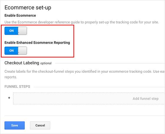 enable ecommerce reporting in Google Analytics