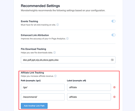 Choose recommended settings for monsterinsights