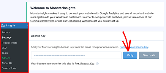 Verify your MonsterInsights license key