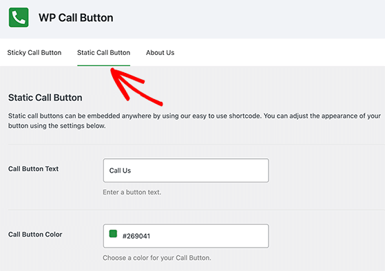 static wp call button settings