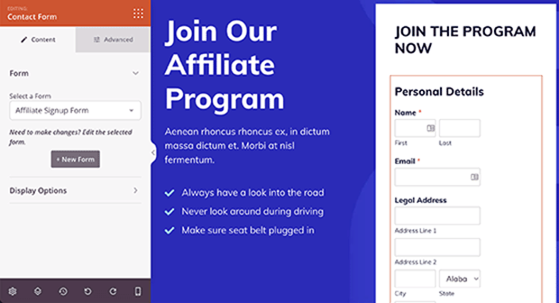 Affiliate signup form in affiliate landing page seedprod