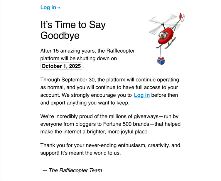 Rafflecopter farewell message announcing October 2025 shutdown