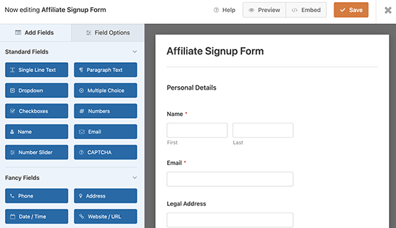 wpforms affiliate signup form template