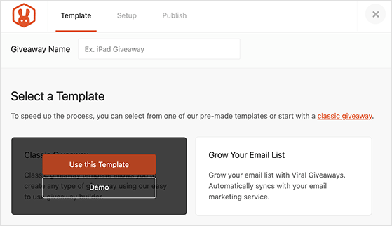 Choose the classic giveaway template