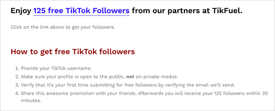 example of free tiktok followers scam