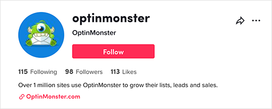 OptinMonster tiktok profile is optimized to get more tiktok followers