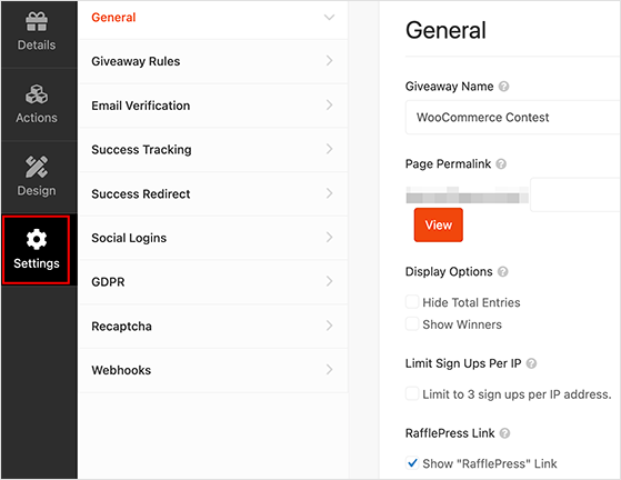 RafflePress giveaway settings