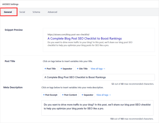 All in One SEO general settings