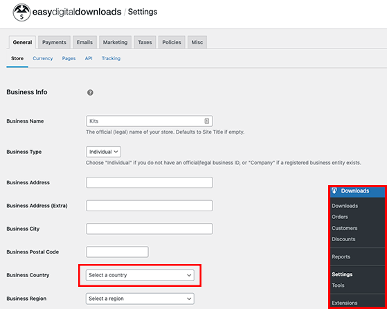 Easy digital downloads settings